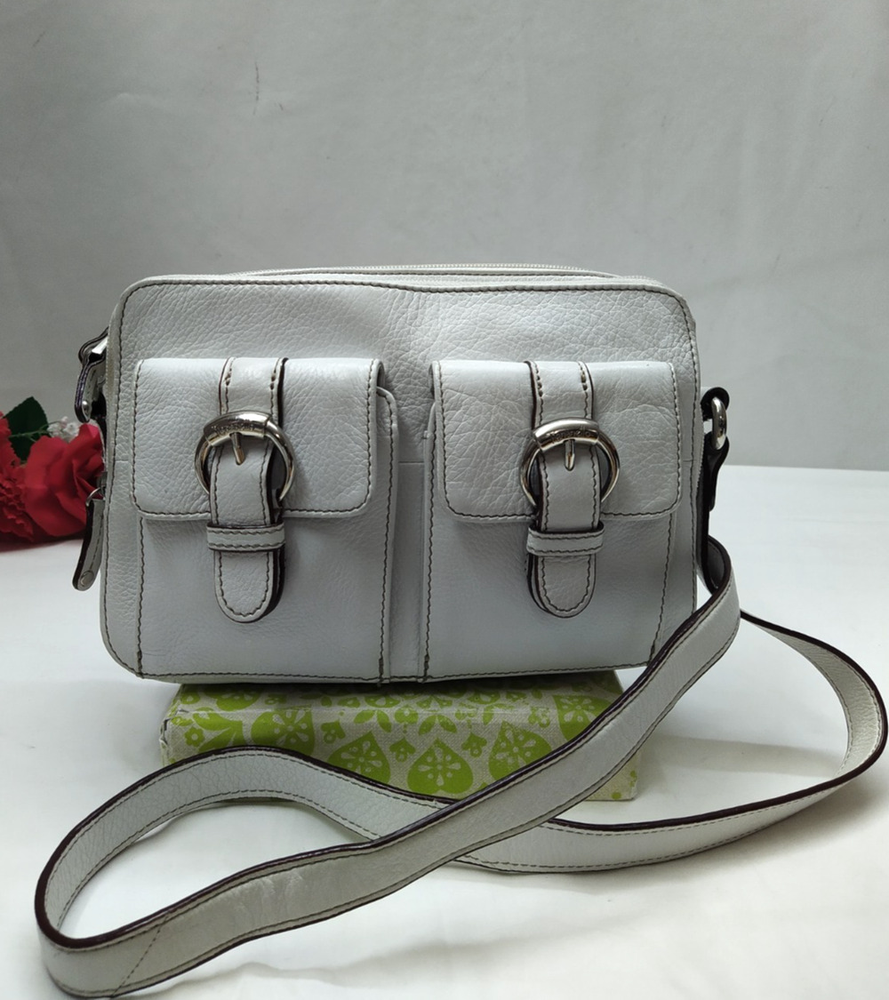 Tignanello White Leather Double Zippers Pockets Crossbody Bag